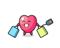 dessin animé de mascotte de symbole de coeur tenant un sac à provisions vecteur
