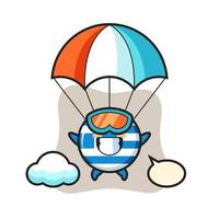 La bande dessinée de mascotte d'insigne de drapeau de la grèce saute en parachute avec un geste heureux vecteur