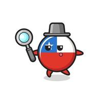 personnage de dessin animé d'insigne de drapeau du chili recherchant avec une loupe vecteur