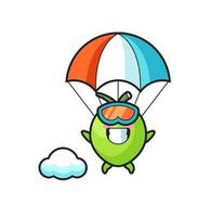 le dessin animé de mascotte de noix de coco saute en parachute avec un geste heureux vecteur