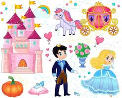 ensemble de Fée conte articles et personnages dans dessin animé style. prince et Princesse près le château. vecteur illustration