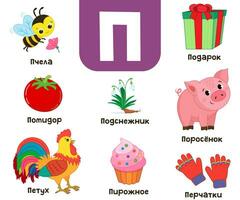 russe alphabet. écrit dans russe abeille, cadeau, porcelet, tomate, perce-neige, gâteau, gants, coq vecteur