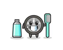 illustration de mascotte de roue de voiture avec une brosse à dents vecteur