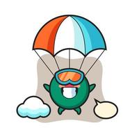 La bande dessinée de mascotte d'insigne de drapeau du bangladesh saute en parachute avec un geste heureux vecteur