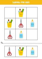 jeu de sudoku pour les enfants avec des fournitures scolaires de dessin animé. vecteur