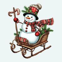 bonhomme de neige sur une traîneau balade vecteur déposer, Noël scène, Père Noël, Noël vacances, vecteur illustration fichier