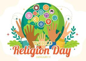 monde religion journée vecteur illustration sur 17 janvier avec symbole Icônes de différent religions pour affiche ou bannière dans plat dessin animé Contexte