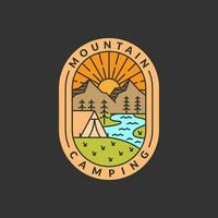 Matin camp Montagne badge vecteur illustration. Montagne et tente monoline ou ligne art style. conception pouvez être pour tee-shirts, autocollant, impression Besoins