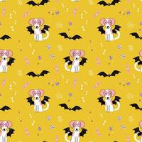 mignonne Contexte avec chien dans une chauve souris costume. Halloween sans couture modèle. animal de compagnie pawty. plat style vecteur illustration.