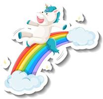 Adorable diapositive de licorne sur un autocollant de dessin animé arc-en-ciel vecteur