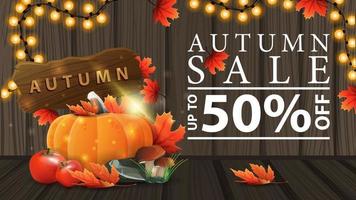 vente d'automne, bannière web discount avec texture en bois vecteur