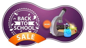vente de retour à l'école, bannière de remise violette moderne avec microscope