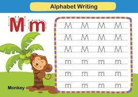 exercice de lettre de l'alphabet m-singe avec vocabulaire de dessin animé vecteur