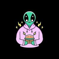 extraterrestre hip hop avec hamburger, illustration pour autocollants et t-shirt. vecteur