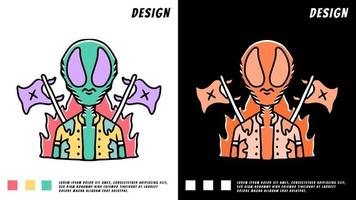 extraterrestre cool avec drapeaux croisés et feu, illustration pour t-shirt vecteur