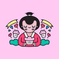 geisha kawaii avec cupcake. illustration de dessin animé. vecteur
