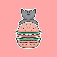 chat noir mignon avec dessin animé burger, pour autocollants et t-shirt. vecteur