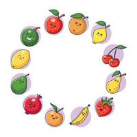 mignonne kawaii des fruits ensemble dans dessin animé style. des fruits collection. des fruits Icônes, autocollants, mascottes. des fruits personnages. circulaire Cadre modèle. vecteur illustration isolé sur blanc Contexte.