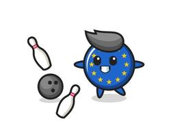 Caricature de caractère de l'insigne du drapeau de l'Europe joue au bowling vecteur