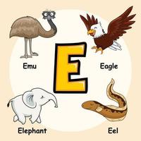 animaux alphabet lettre e pour aigle émeu éléphant anguille vecteur