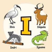 animaux alphabet lettre i pour iguane ibis impala indri vecteur