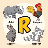 animaux alphabet lettre r pour raton laveur coq rhinocéros lapin rhinocéros vecteur