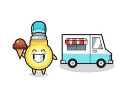 caricature de mascotte d'ampoule avec camion de crème glacée vecteur