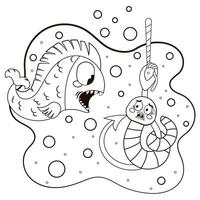 mignonne imprimable coloration page pour des gamins avec dessin animé effrayé ver de terre personnage séance sur une pêche crochet et poisson en essayant à manger vecteur