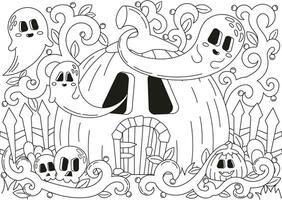 Halloween confortable coloration page pour des gamins et adultes avec citrouille forme maison et des fantômes en volant autour vecteur