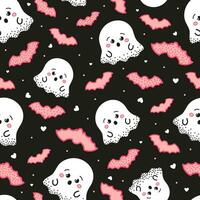 mignonne Halloween sans couture modèle pour des gamins avec kawaii des fantômes et chauves-souris sur foncé noir Contexte vecteur