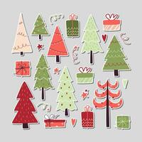 ensemble de Noël vecteur autocollants avec mignonne des arbres et cadeaux.