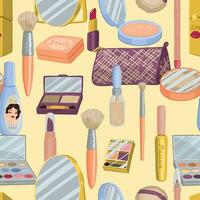 abstrait ornement de maquillage trousse. beauté accessoires cosmétique sans couture modèle. dessin animé style vecteur illustrations.