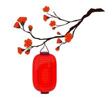 fleur de chinois prune. rouge papier chinois lanterne. vecteur illustration. rouge bourgeons de épanouissement fleurs sakura. isolé sur une blanc Contexte.