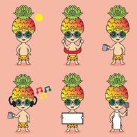 dessin animé mignon homme en costume d'ananas sur la plage en été vecteur