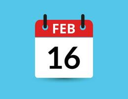 février 16. plat icône calendrier isolé sur bleu Contexte. Date et mois vecteur illustration