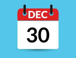 décembre 30. plat icône calendrier isolé sur bleu Contexte. Date et mois vecteur illustration