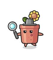 personnage de dessin animé de pot de tournesol recherchant avec une loupe vecteur