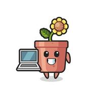 illustration de mascotte de pot de tournesol avec un ordinateur portable vecteur