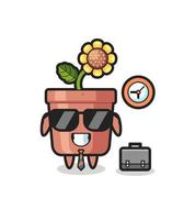 mascotte de dessin animé de pot de tournesol en tant qu'homme d'affaires vecteur