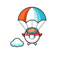 La bande dessinée de mascotte d'insigne de drapeau de singapour saute en parachute avec un geste heureux vecteur