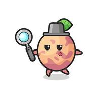 personnage de dessin animé de fruits pluot recherchant avec une loupe vecteur