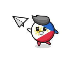 personnage de dessin animé d'insigne de drapeau des philippines jetant un avion en papier vecteur