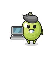 illustration de mascotte d'olive avec un ordinateur portable vecteur