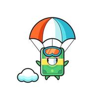 le dessin animé de mascotte d'argent saute en parachute avec un geste heureux vecteur
