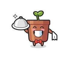 mascotte de personnage de pot de fleurs en tant que serveurs vecteur