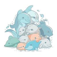dauphin famille. vecteur illustration de une groupe de mignonne dessin animé dauphins.