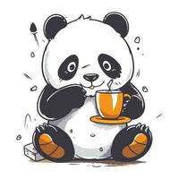 mignonne Panda séance avec tasse de café. vecteur illustration.