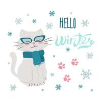 chat dans des verres avec une écharpe, bonjour hiver manuscrit, lettrage. vecteur