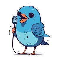 mignonne bleu oiseau en chantant avec microphone. vecteur illustration dans dessin animé style.