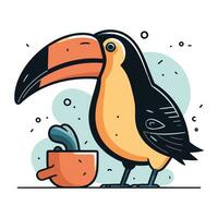 mignonne dessin animé toucan avec tasse de café. vecteur illustration.